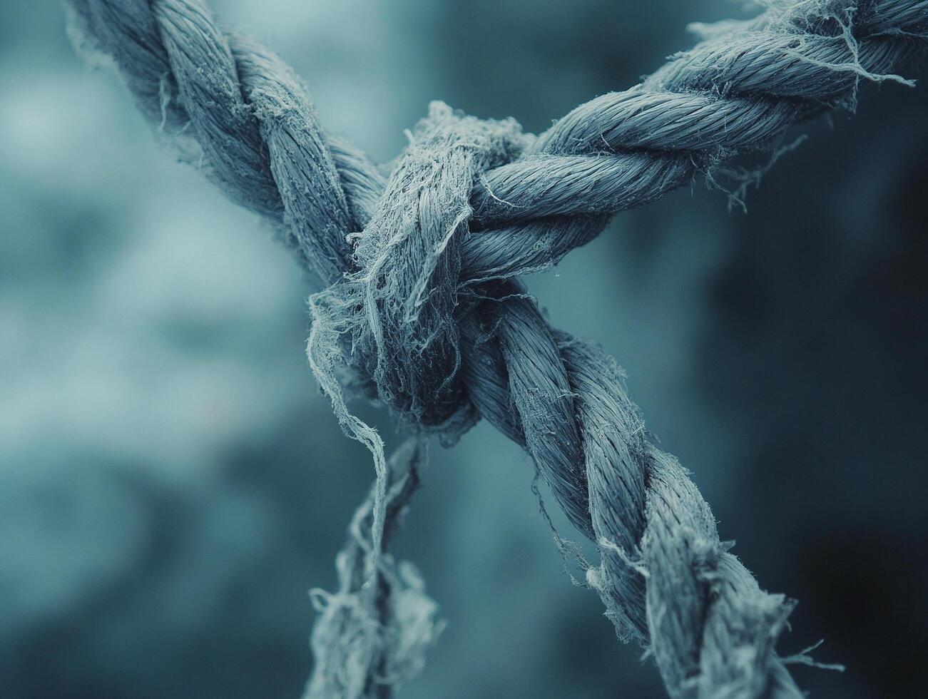 Macro photography frayed rope tied in a delicate knot against a textured blue background highlighting rustic strength and resilience photo