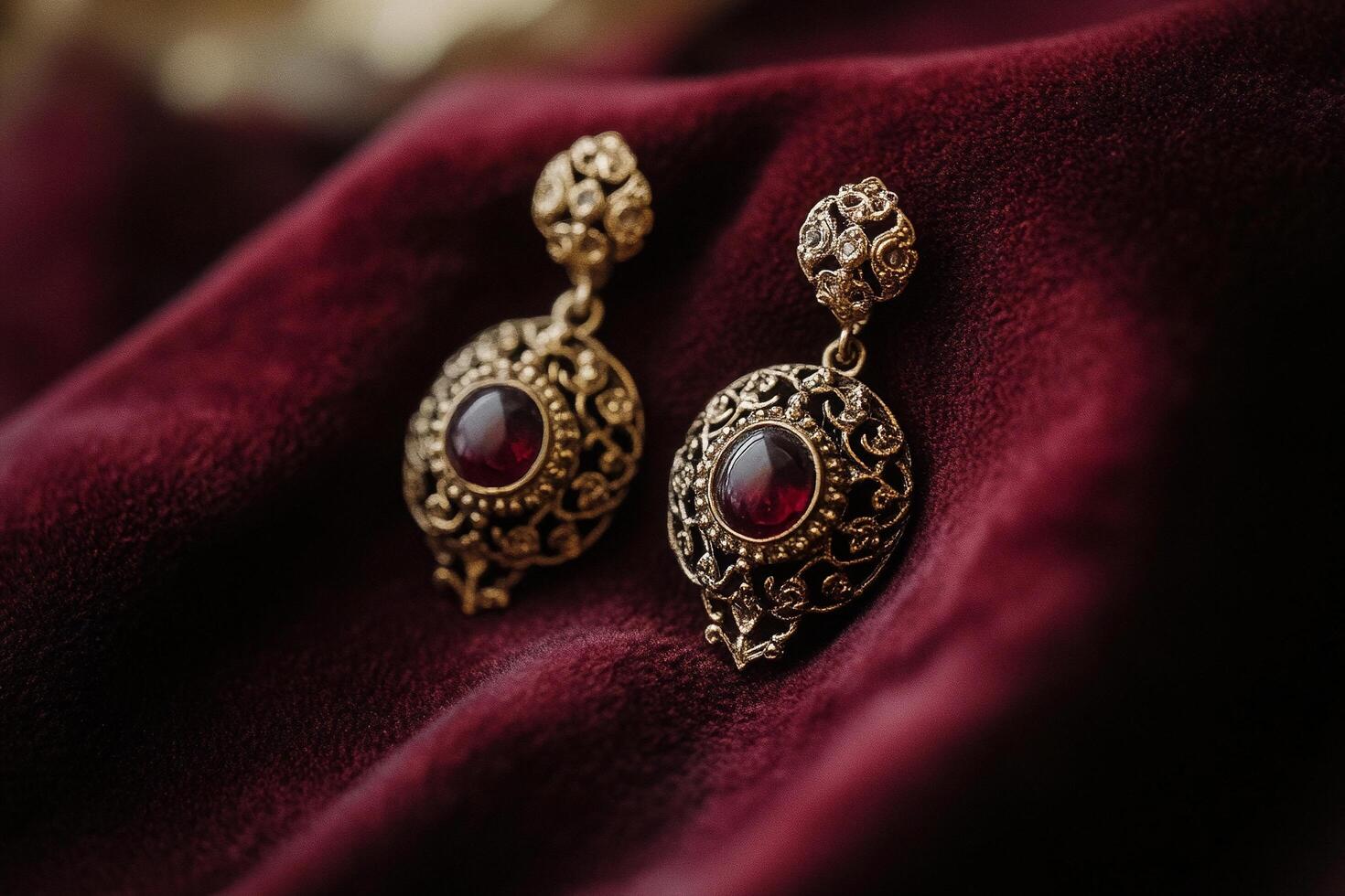 Macro photography of vintage earrings with intricate golden floral details placed on a luxurious red velvet fabric for an elegant aesthetic photo