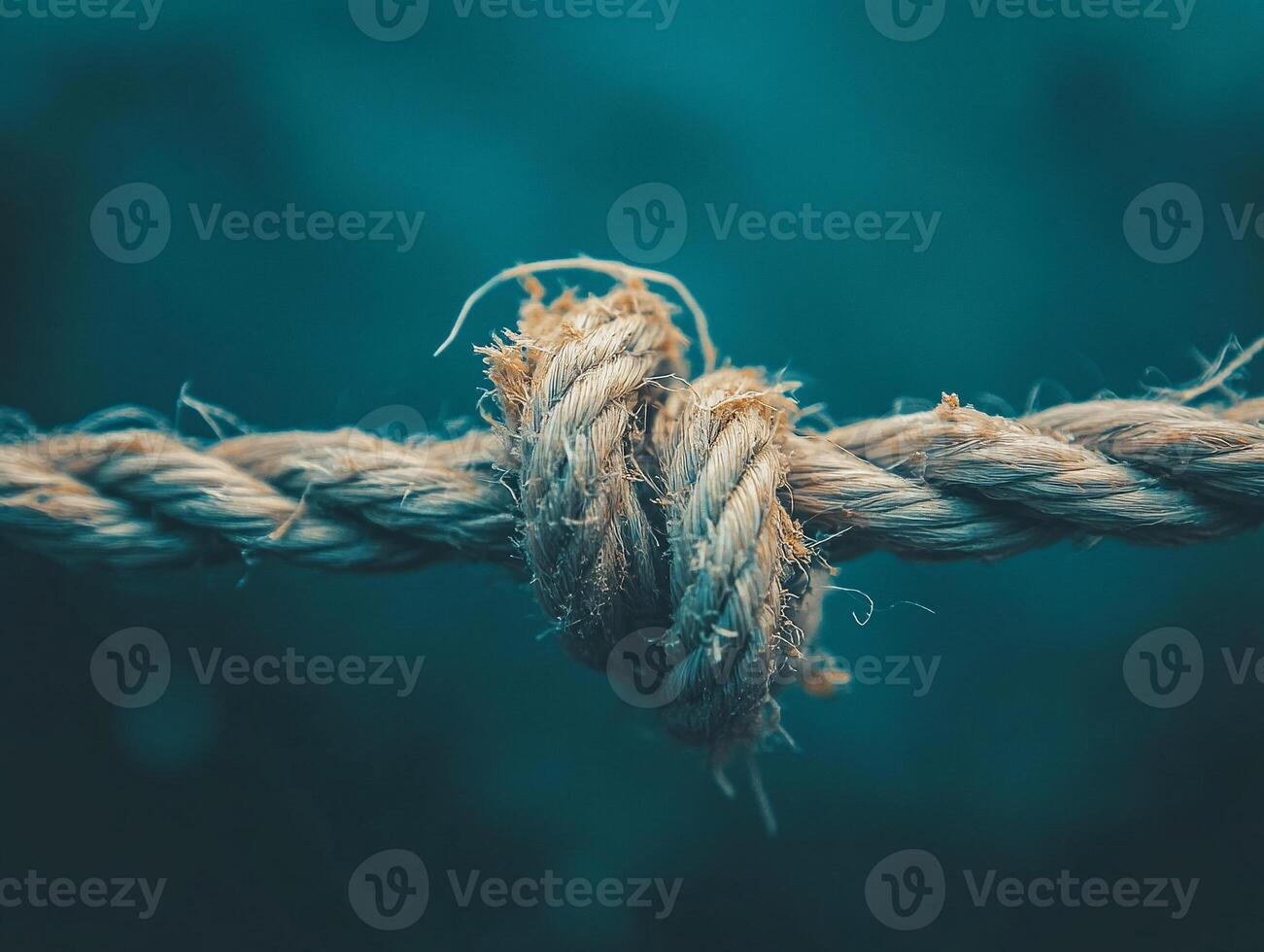 Macro photography frayed rope tied delicate knot against a textured blue background highlighting rustic strength and resilience photo