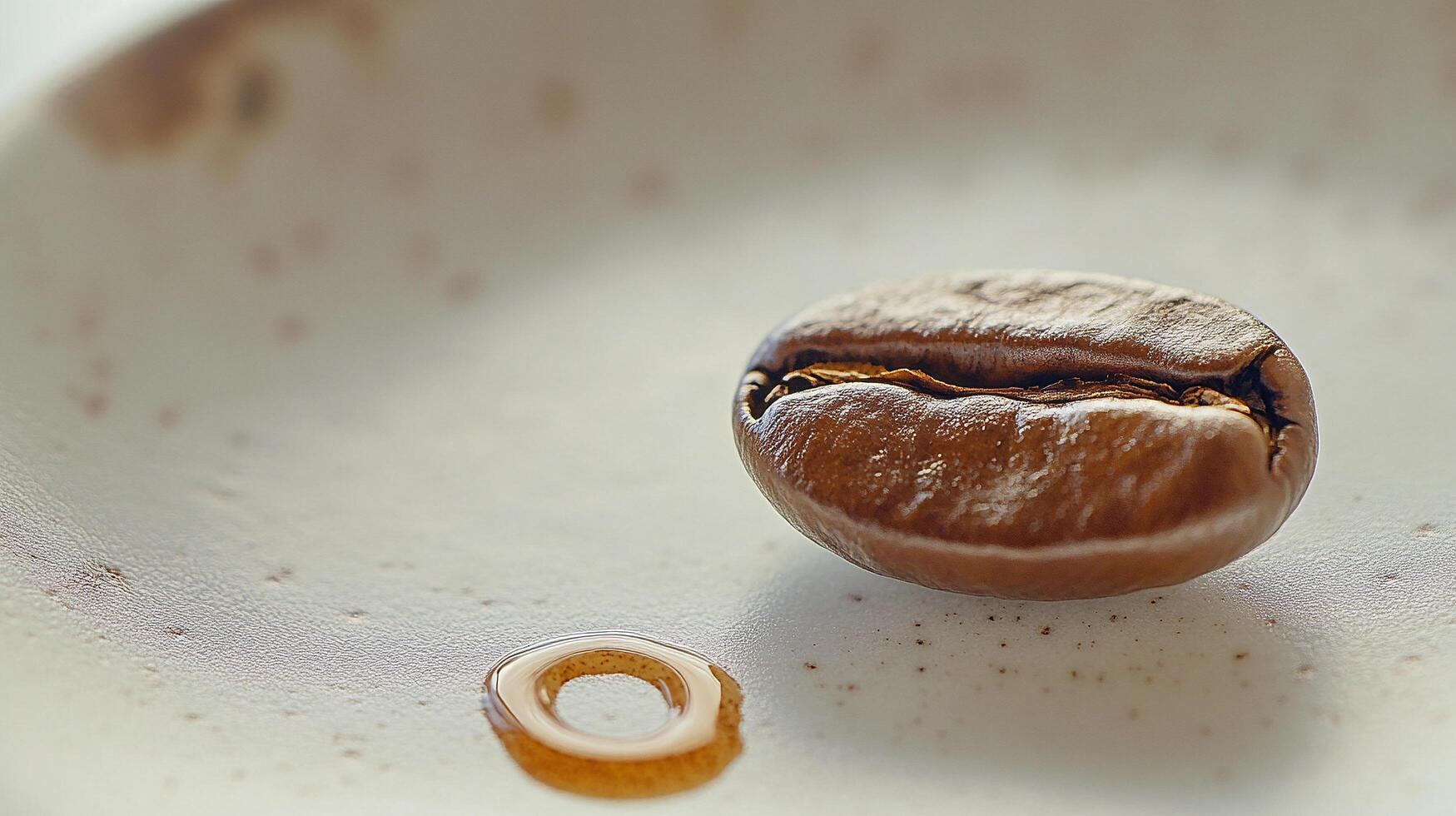 photography of a single coffee bean on a beige ceramic plate surrounded by a small coffee stain for minimalistic composition photo
