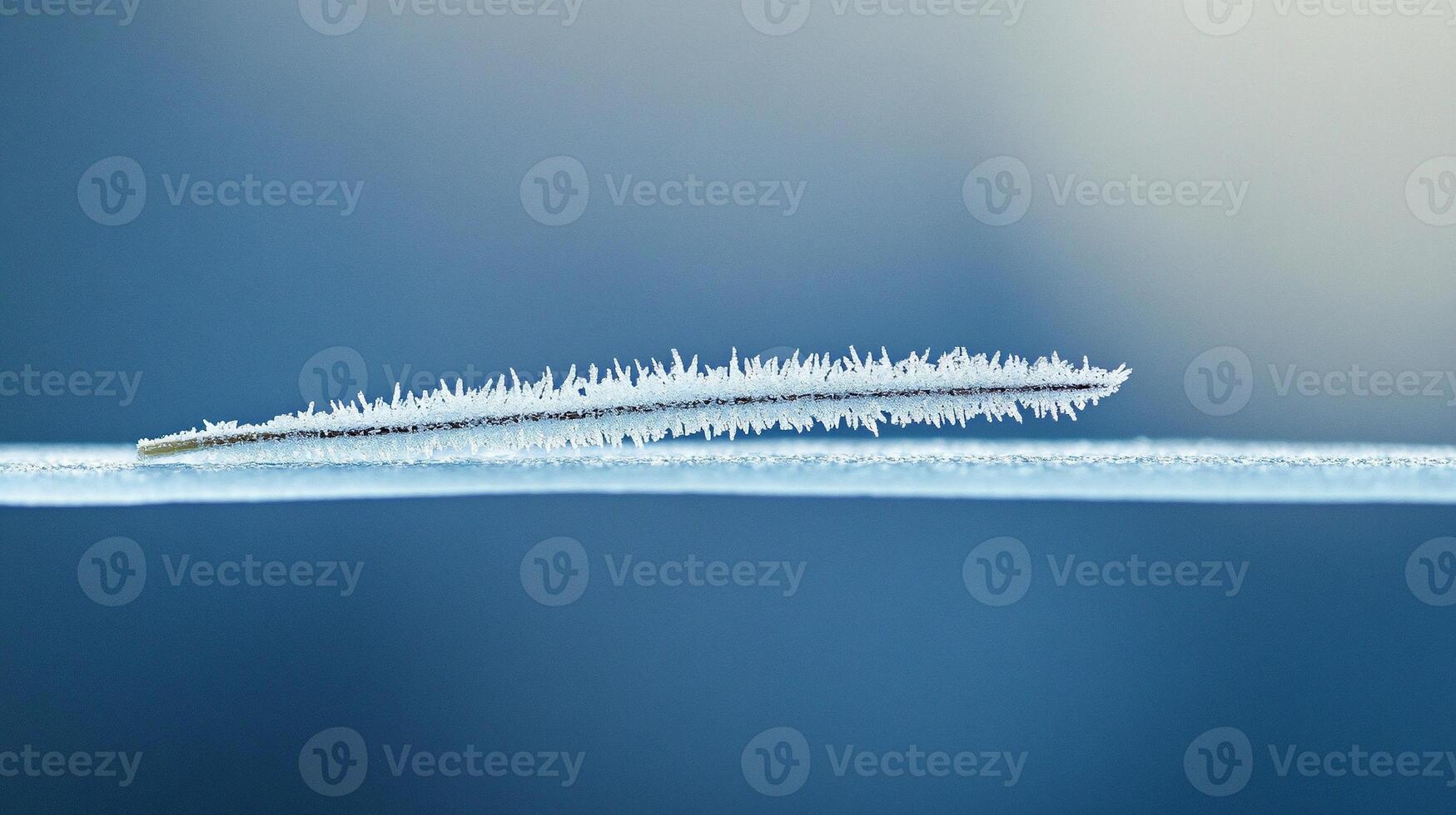 Macro photography of a delicate frost-covered blade of grass balanced on a smooth icy surface with a serene blue background photo