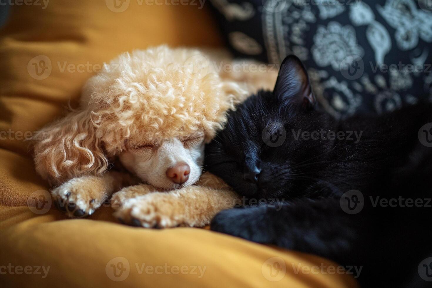 Adorable small poodle and black cat sleeping together peacefully on a cozy mustard cushion with a patterned background photo