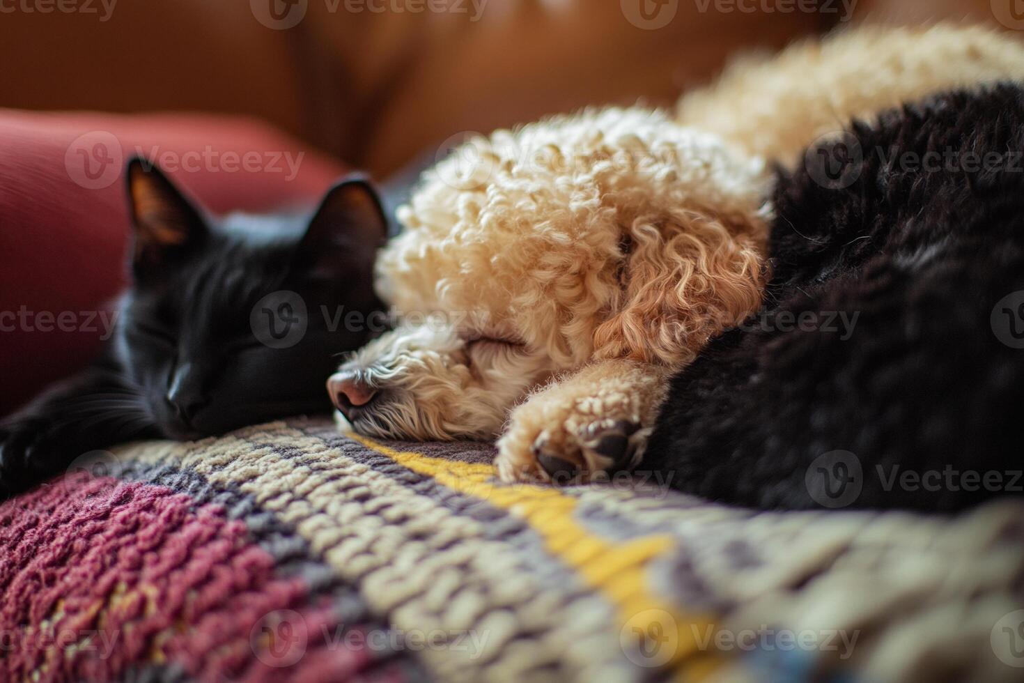 Adorable small poodle and black cat sleeping together peacefully on a cozy mustard-colored cushion with patterned background photo
