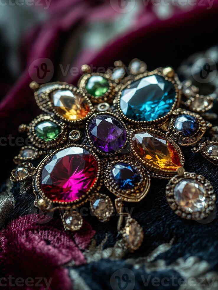 Macro photography of a vintage brooch with colorful gemstones in ornate gold filigree setting velvet fabric background photo