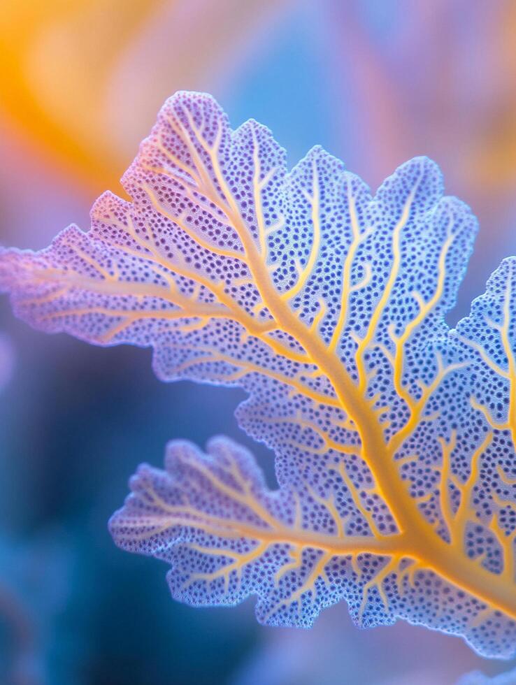 Macro photography of delicate fan-shaped coral with intricate patterns in pastel hues of pink orange blue and purple photo