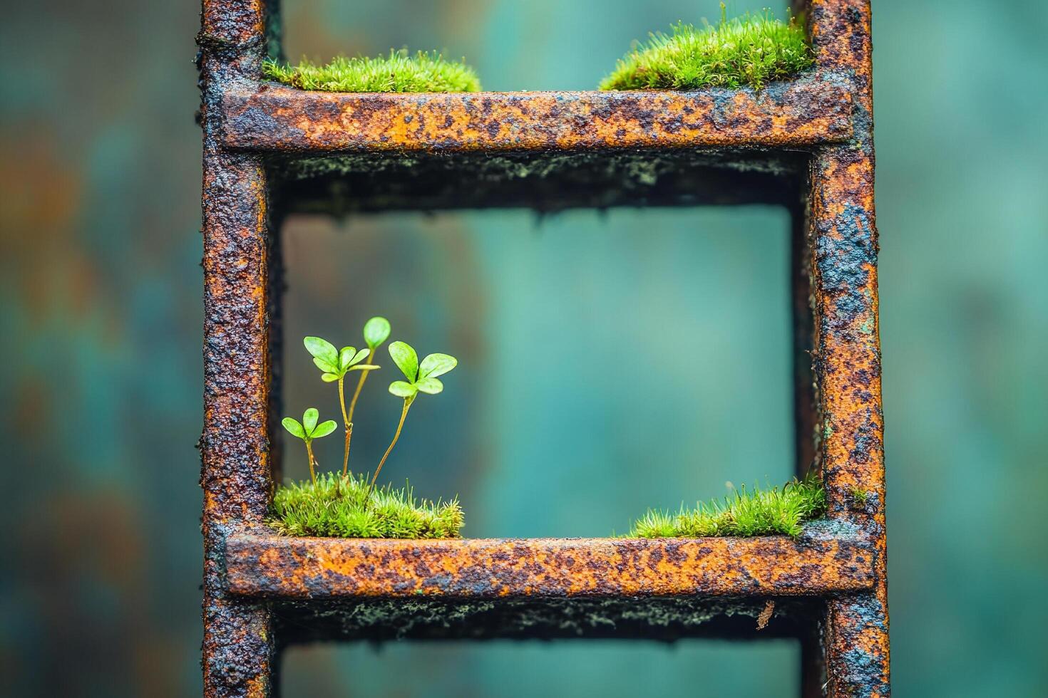 Macro photography of moss and small green plant growing on rusty metal ladder outdoors in a natural environment photo