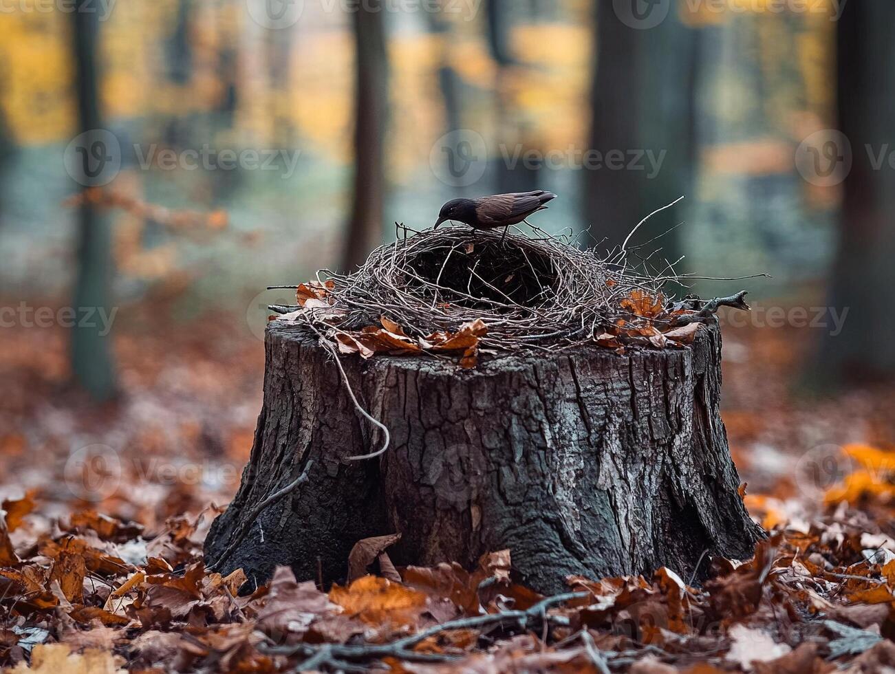 Abandoned bird nest resting on a tree stump surrounded by fallen leaves in forest photo