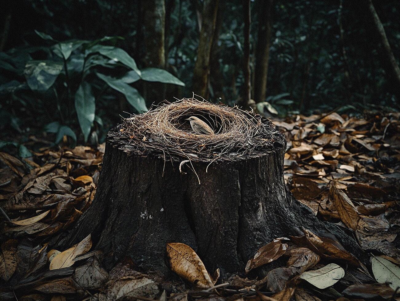 Abandoned bird nest resting on a chopped down tree stump surrounded by fallen leaves in a tranquil forest photo