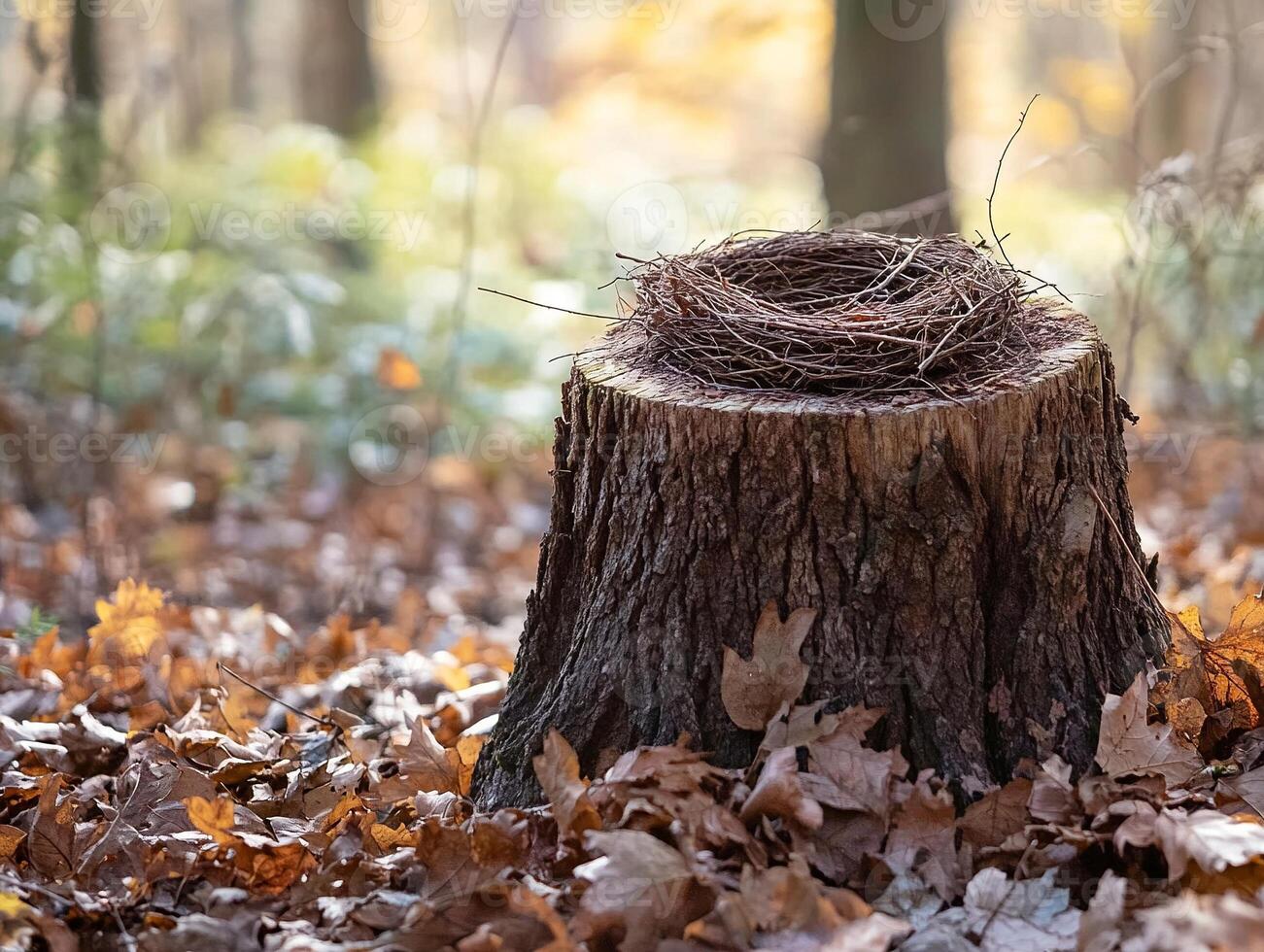 Abandoned bird nest resting on a tree stump surrounded by fallen leaves in tranquil forest photo