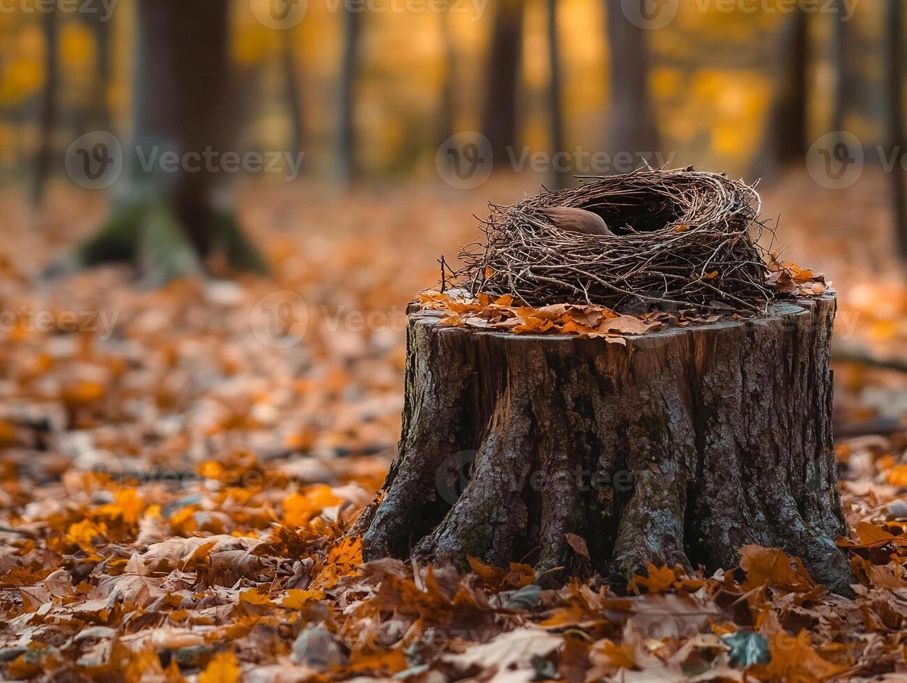 Abandoned bird nest resting on tree stump surrounded by fallen leaves in a tranquil forest photo