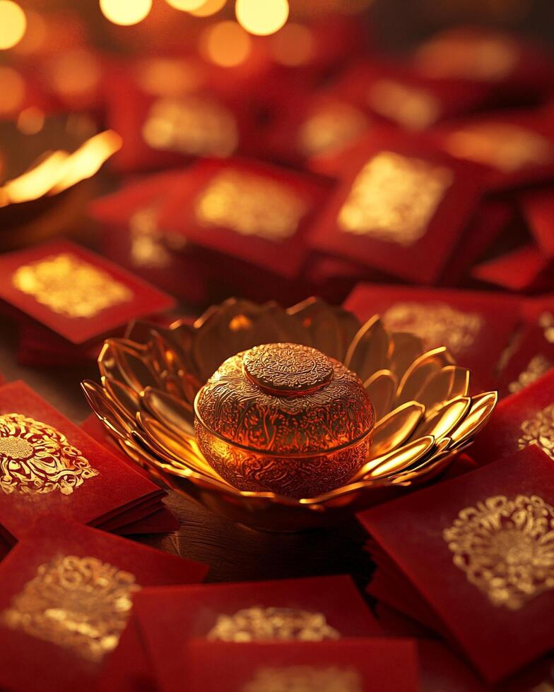 Closeup of an ornate golden decorative ornament placed in a lotus-shaped holder photo