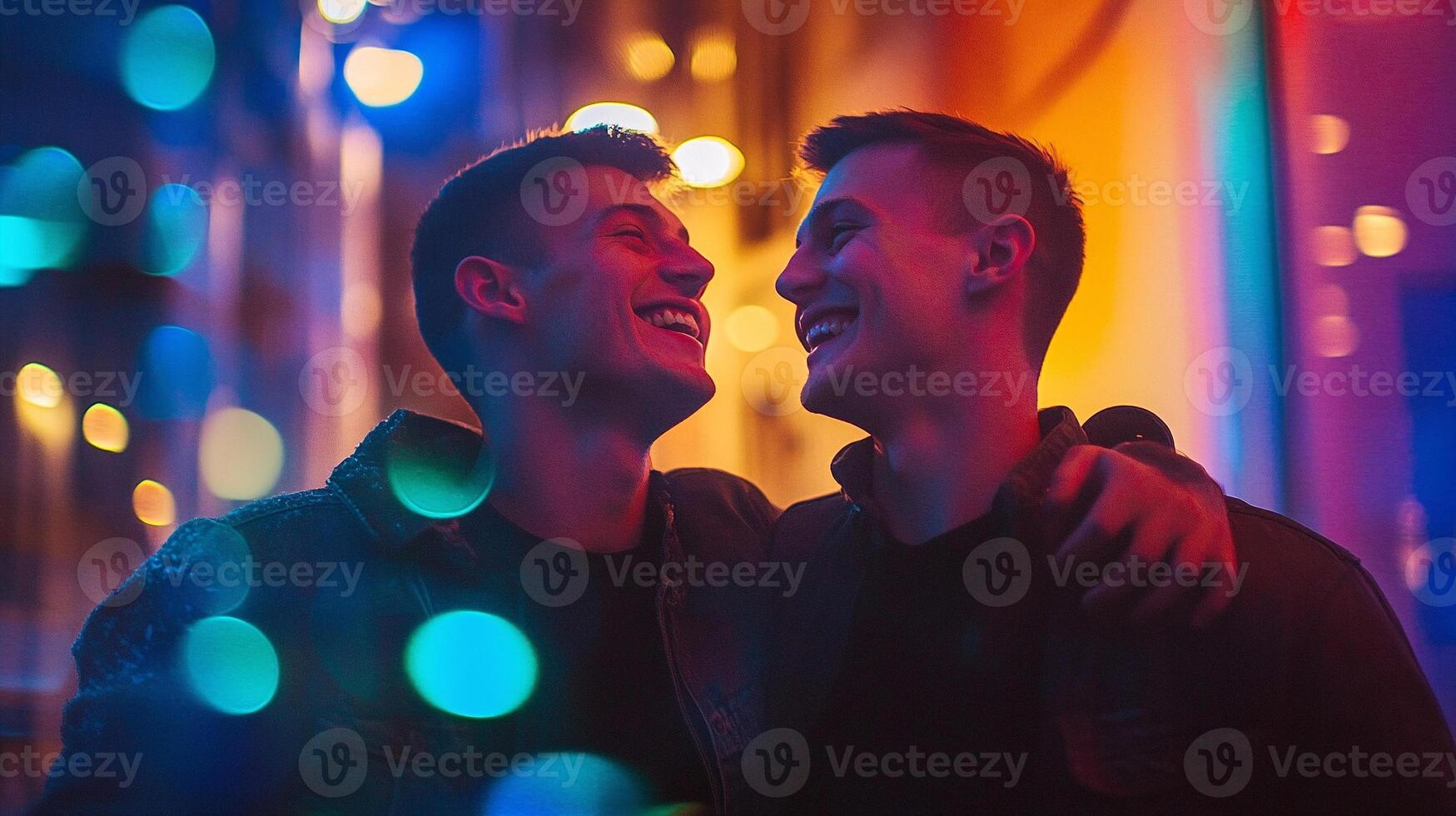 Two cheerful gay men laughing together under vibrant neon lighting with joyful expressions photo