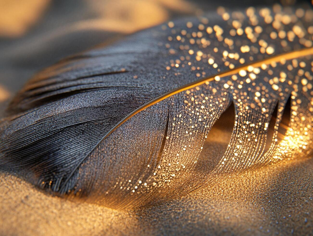 A metallic feather with intricate details and glittering highlights on sandy background photo