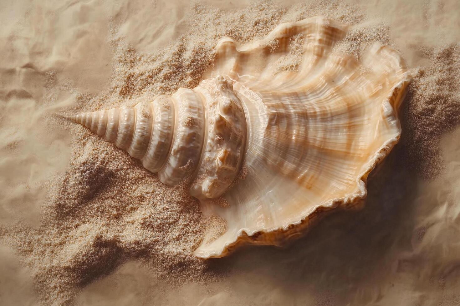 Photorealistic macro shot of sea shell partially buried in golden beach sand during warm sunlight photo