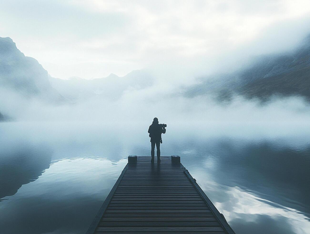 Serene scene of a photographer on a wooden dock overlooking a misty lake surrounded by mountains photo