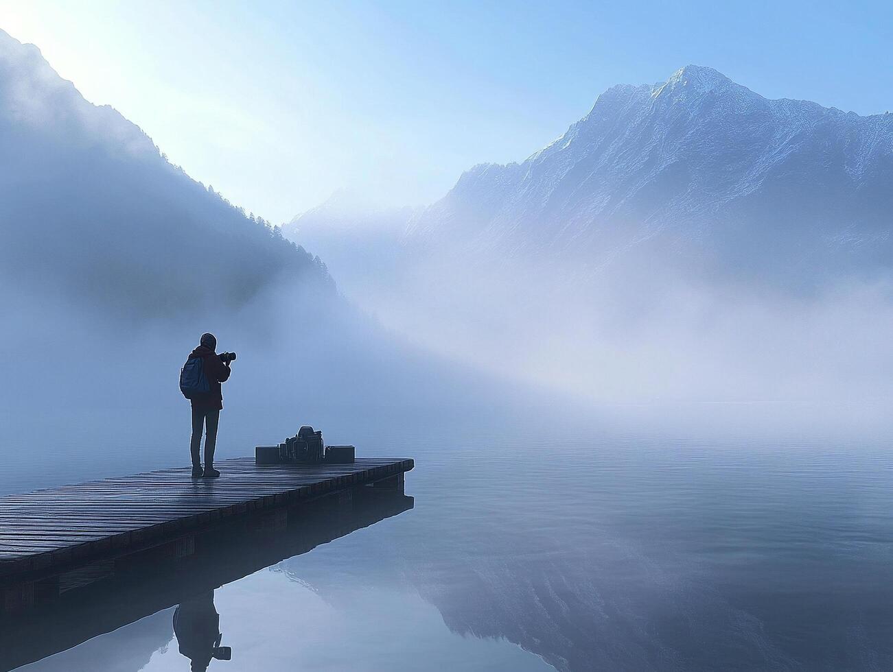 Serene scene of photographer on a wooden dock overlooking a misty lake surrounded by mountains photo