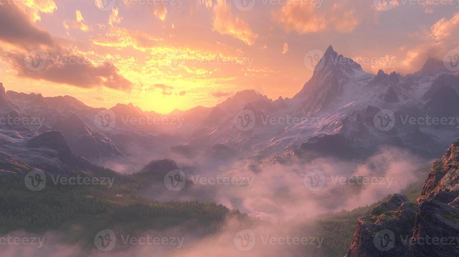 Awe-inspiring view of a mountain range at sunrise with layers of mist and warm golden hues photo