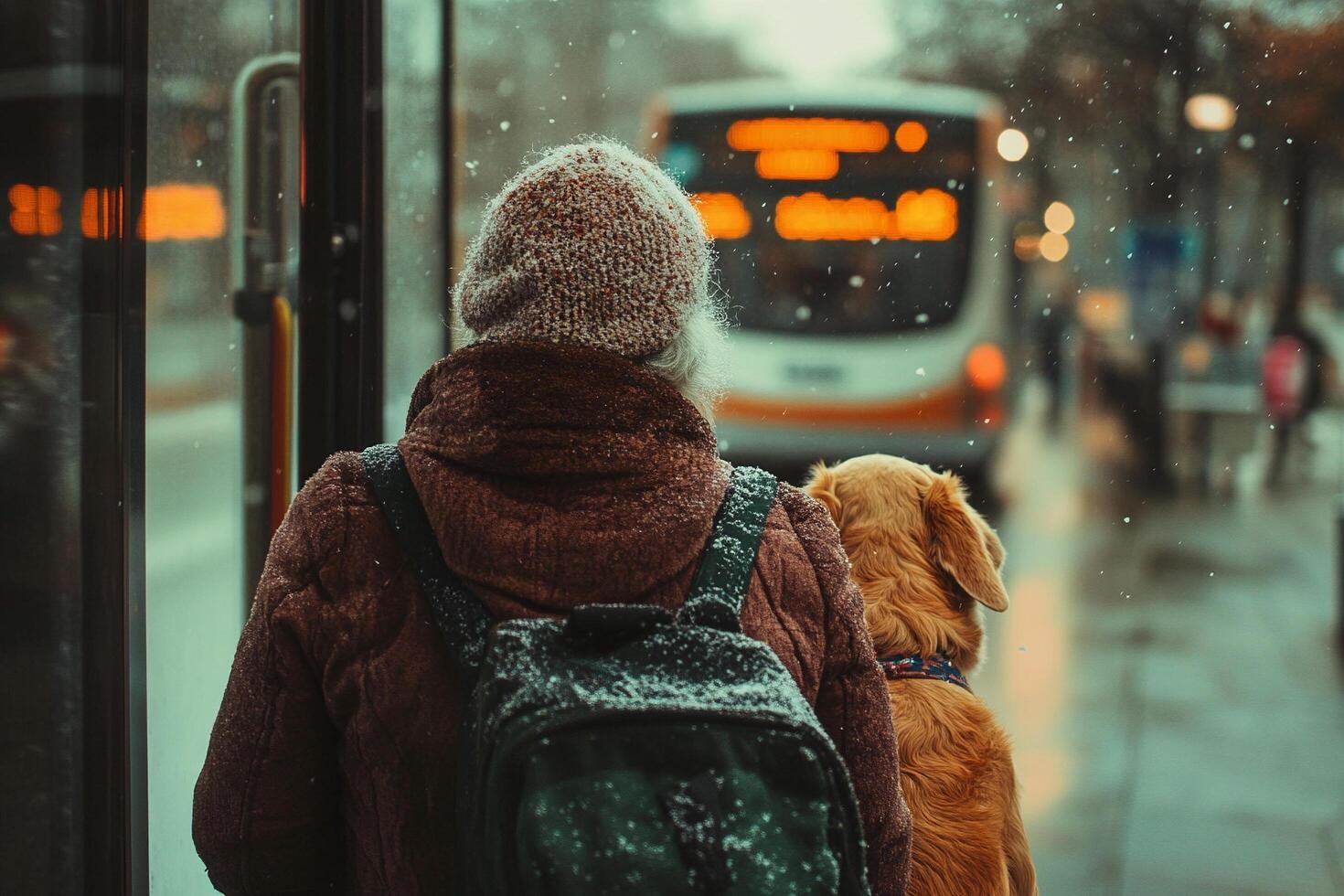 Elderly woman accompanied by her guide dog waiting for the bus in a warm and sunny urban street photo