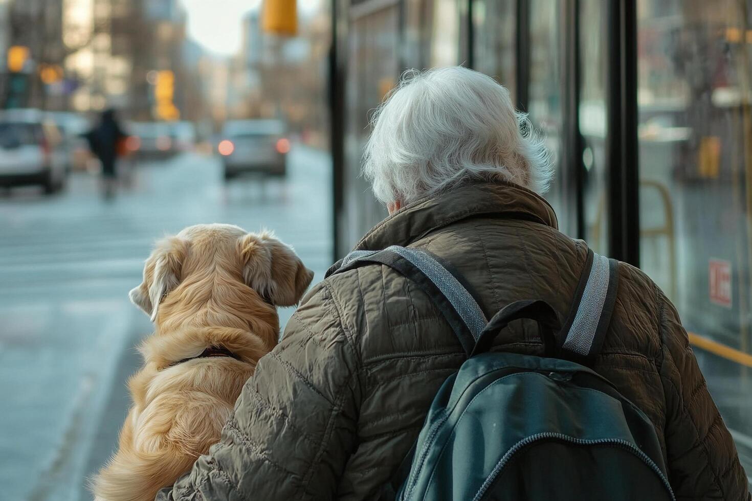 Elderly woman accompanied by her guide dog waiting for bus in a warm and sunny urban street photo