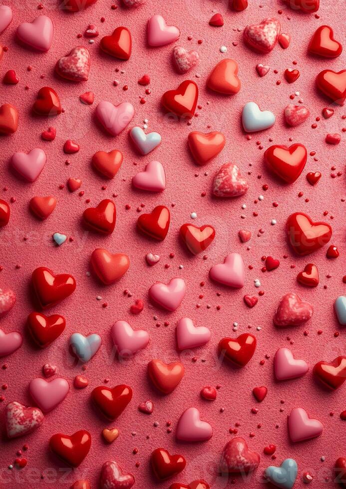 Playful heart patterned background featuring red and pink candy hearts on a textured surface photo