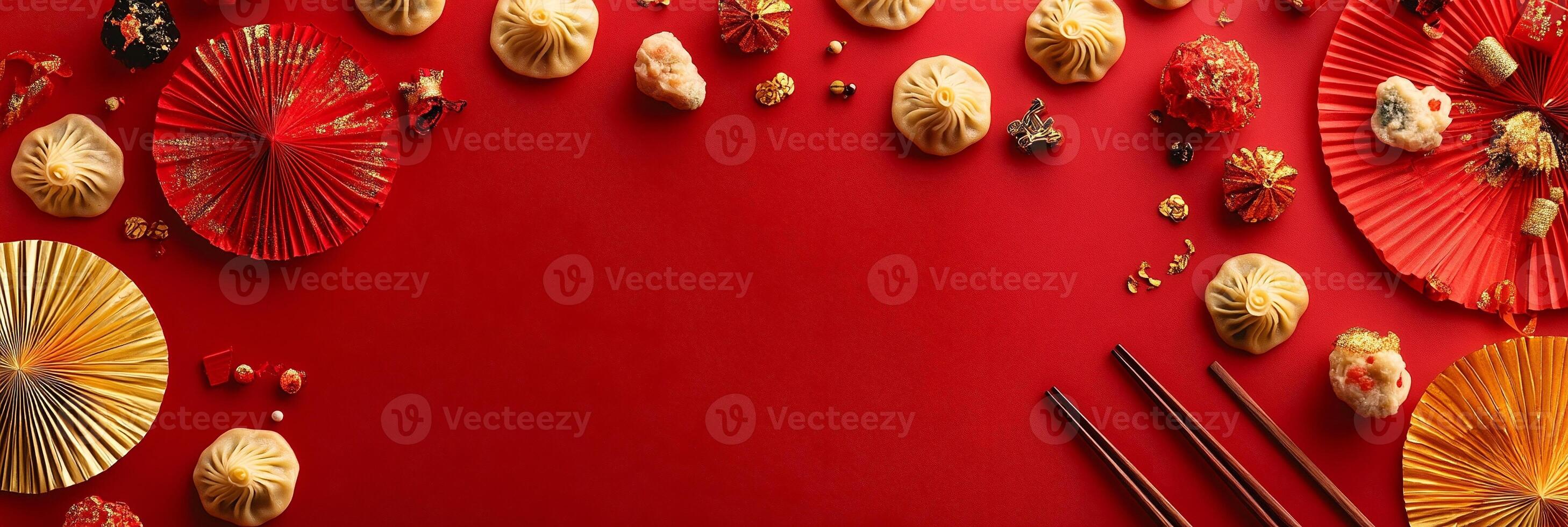 Red and gold festive decorations on textured background for Lunar New Year celebrations photo