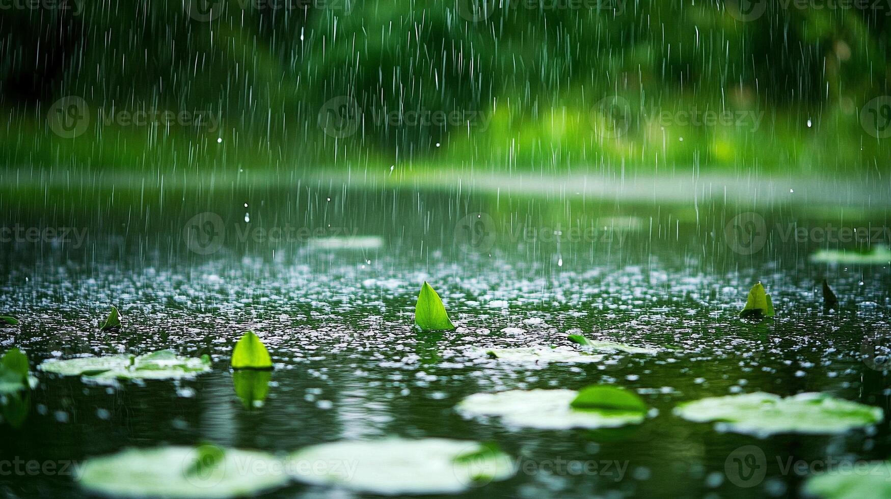Tranquil rain shower on blooming lily pads in serene pond surrounded by natural greenery photo