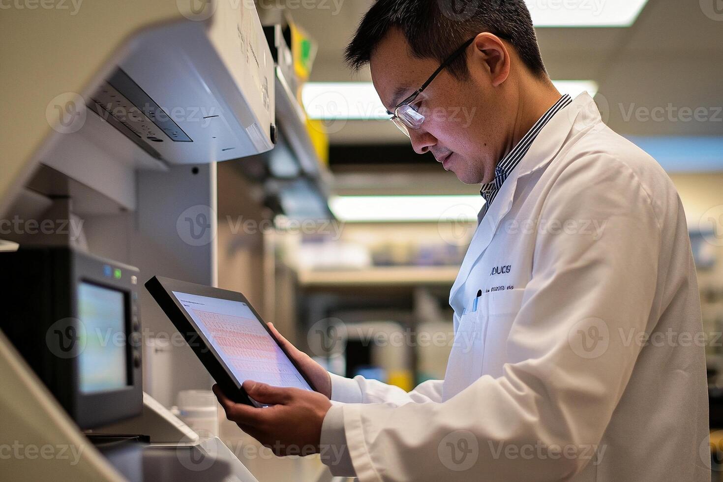 Focused researcher in a modern laboratory studying data on digital tablet for scientific analysis photo