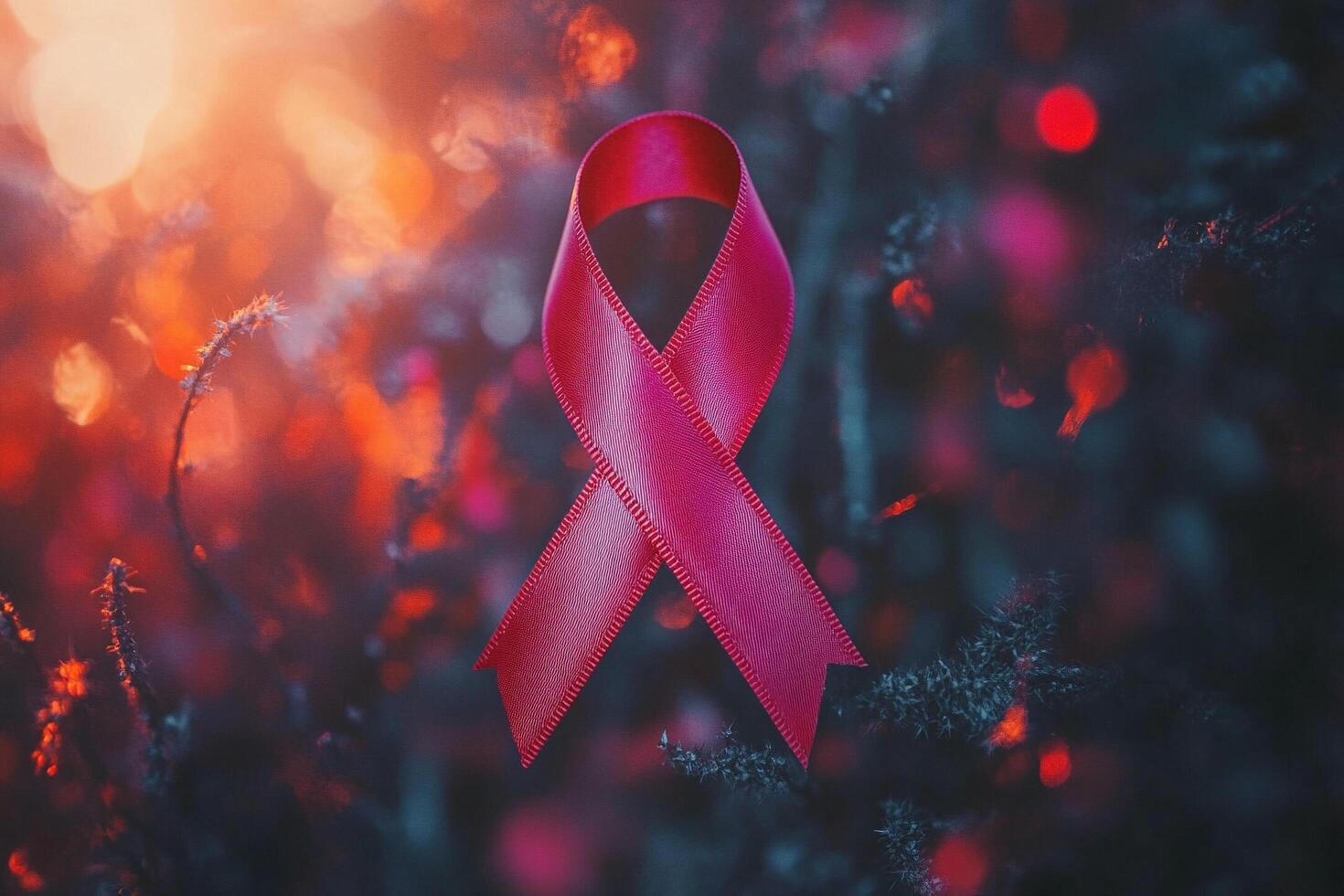 Red ribbon symbolizing awareness and support for HIV AIDS displayed in an blurred bokeh background photo
