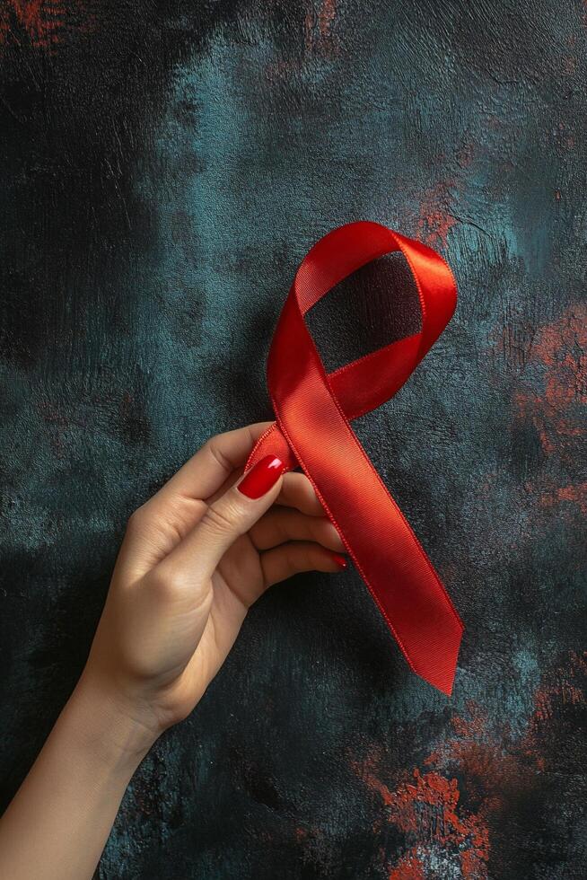 Red ribbon symbolizing awareness support for HIV AIDS displayed in abstract background photo