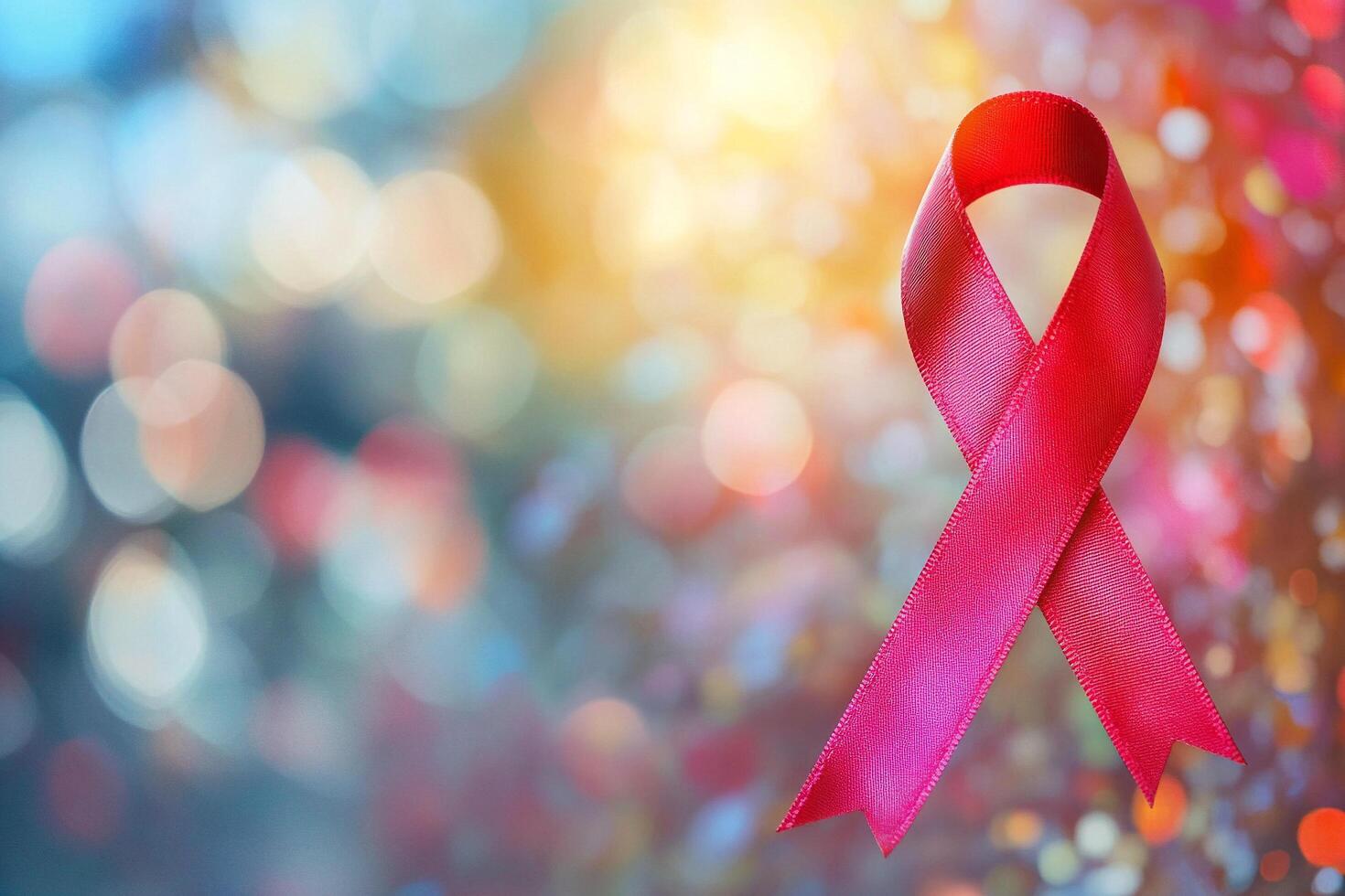Red ribbon symbolizing awareness and support for HIV AIDS displayed in an blurred background photo