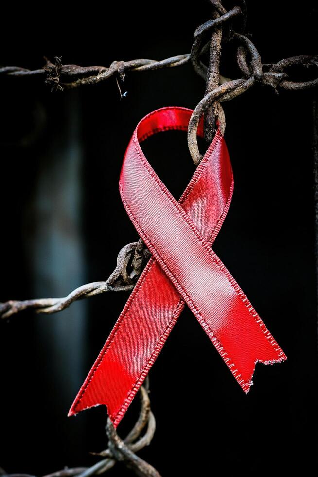Red ribbon symbolizing awareness support for HIV AIDS displayed in an abstract background photo