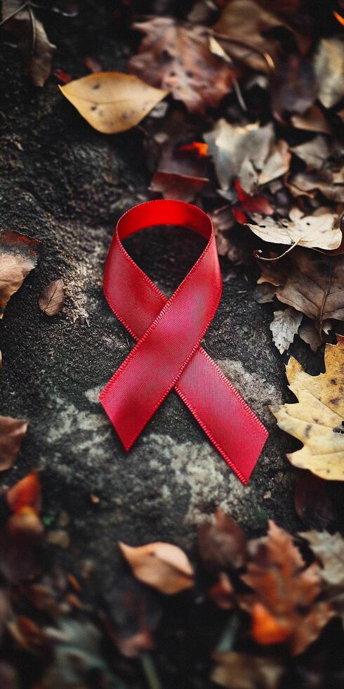 Red ribbon symbolizing awareness and support for HIV AIDS displayed in abstract background photo