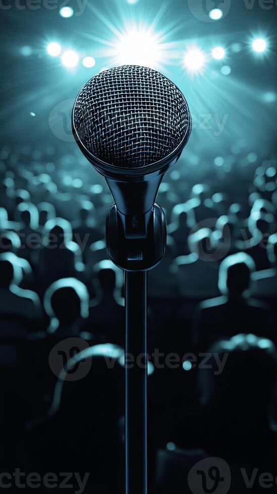 A microphone is in front of a crowd photo