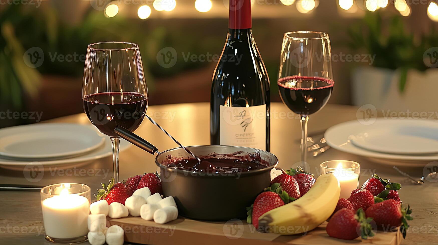 A table with a bottle of wine and two glasses of wine photo