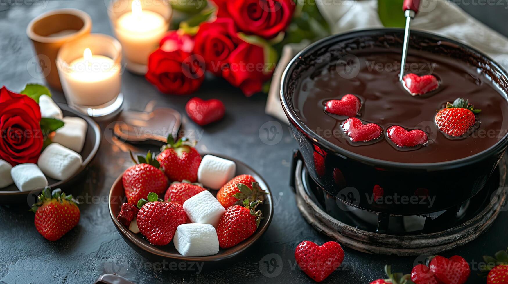 A chocolate fondue with strawberries and marshmallows photo