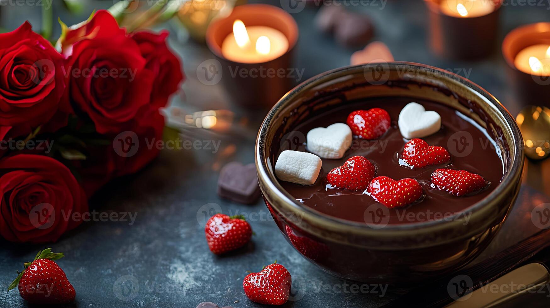 Chocolate and strawberries are in a bowl with candles and roses photo