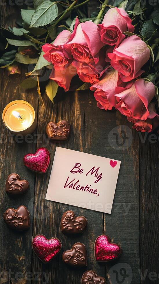 Valentine's day concept with roses and candles photo