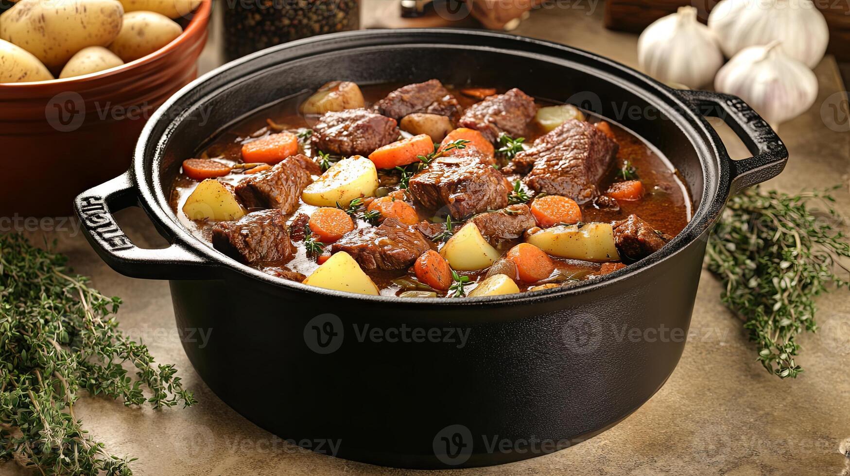 A pot filled with beef stew and vegetables photo