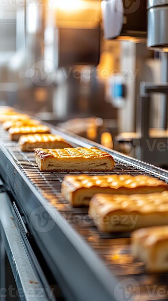 A conveyor belt with several pastries on it photo