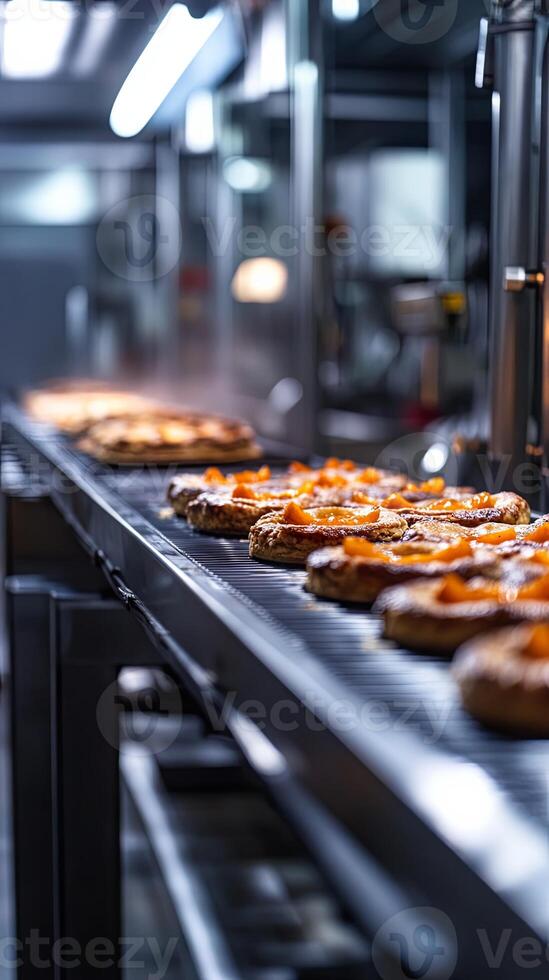 Automated Food Production Line with Fresh Baked Peach Pies photo