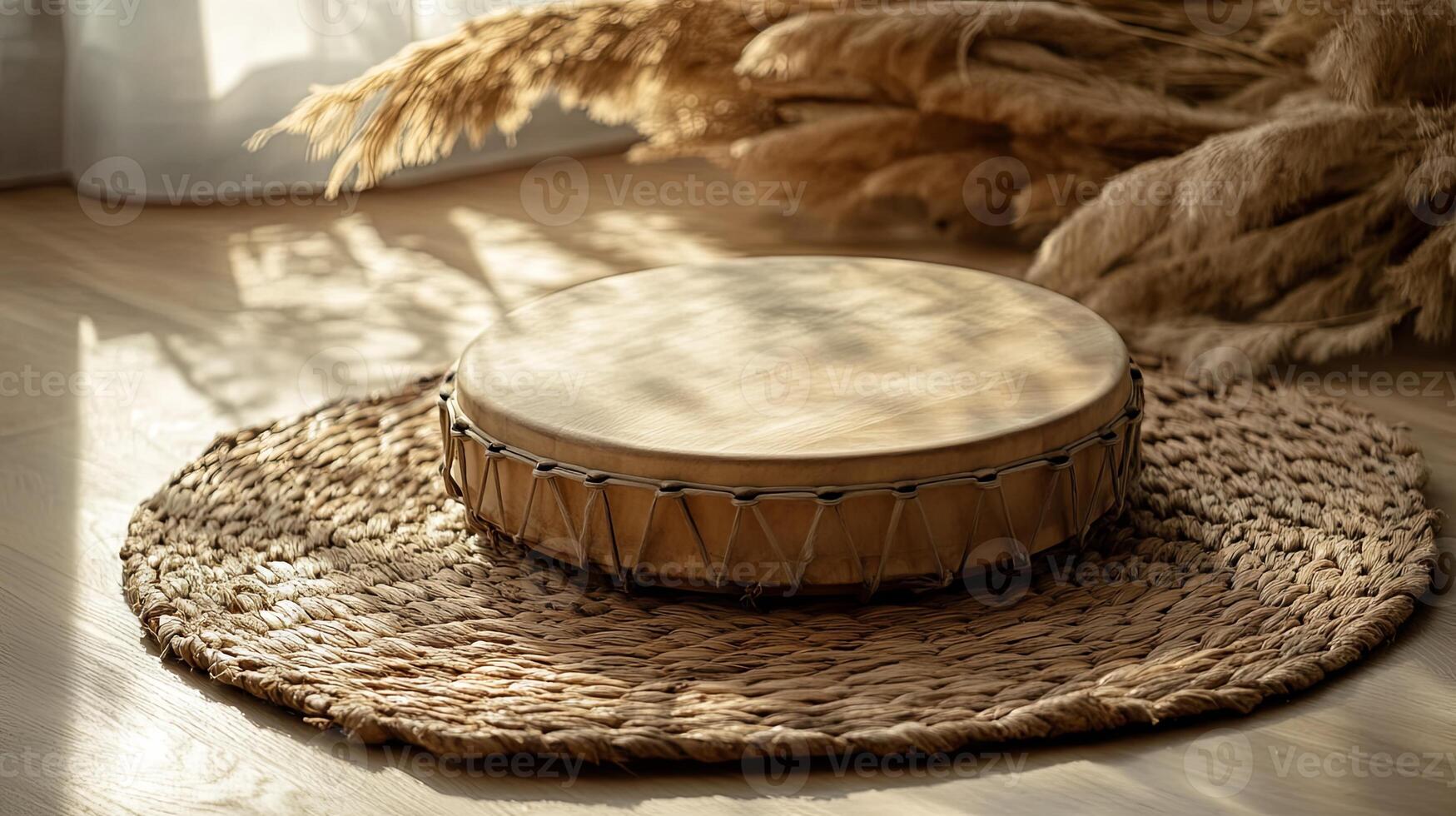 Rustic Wooden Drum on Woven Mat - A Warm and Simple Aesthetic photo
