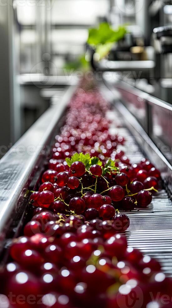 Red Berries on a Conveyor Belt in a Food Processing Plant photo