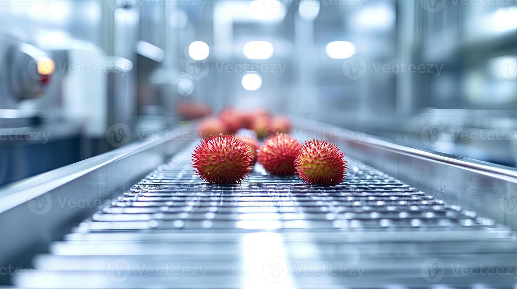 Red Fruits on a Conveyor Belt in a Modern Food Processing Facility photo