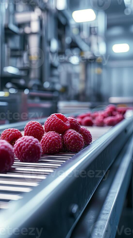 Fresh Raspberries on a Conveyor Belt in a Modern Food Processing Facility photo