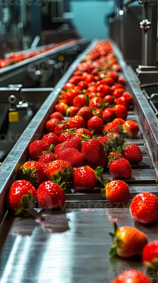 Fresh Strawberries on a Conveyor Belt in a Food Processing Plant photo