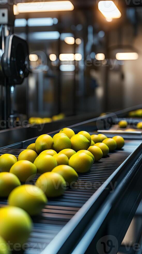 Automated Fruit Processing Line - Fresh Mangoes on Conveyor photo