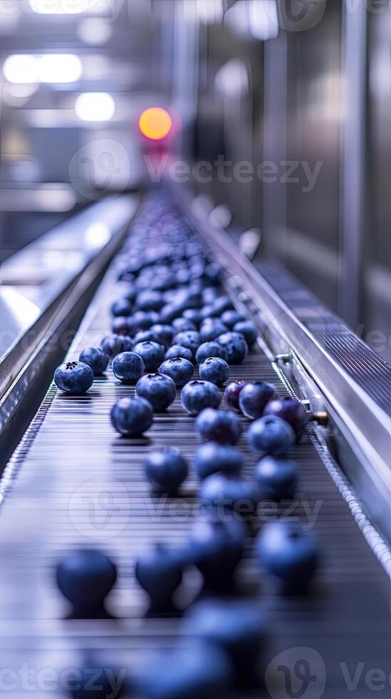 Blueberries on a Conveyor Belt in a Modern Food Processing Plant photo