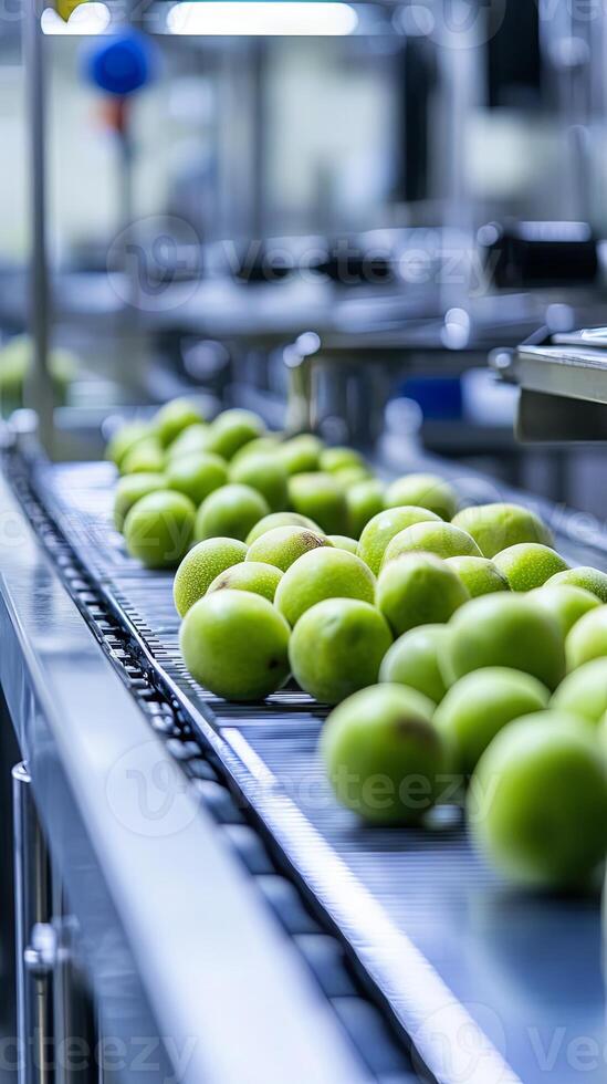 Automated Fruit Processing Line - Fresh Green Fruits on Conveyor photo