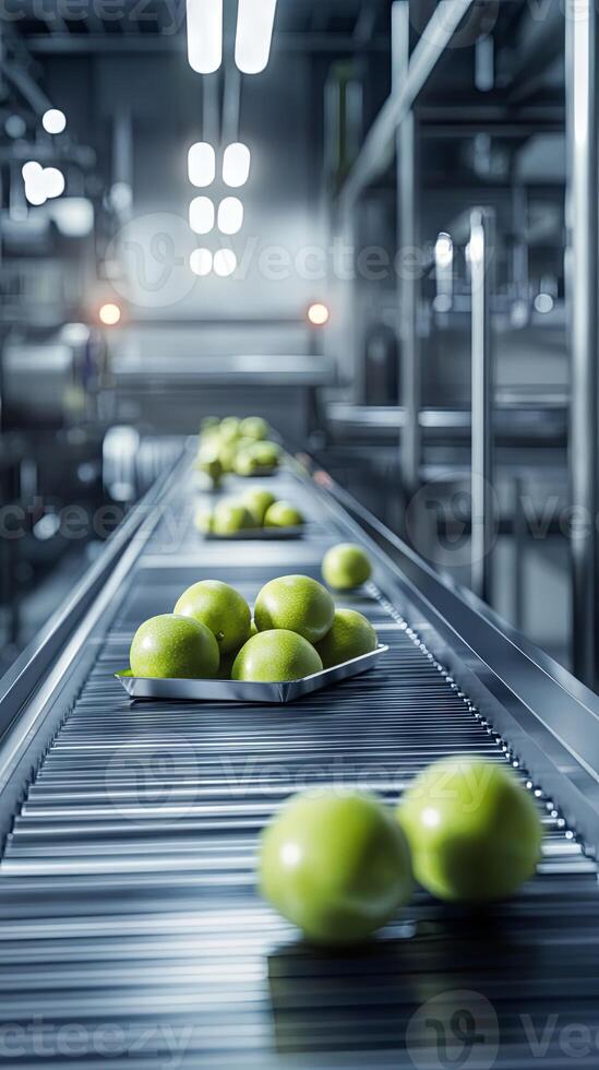 Fresh Green Apples on a Conveyor Belt in a Modern Food Processing Facility photo