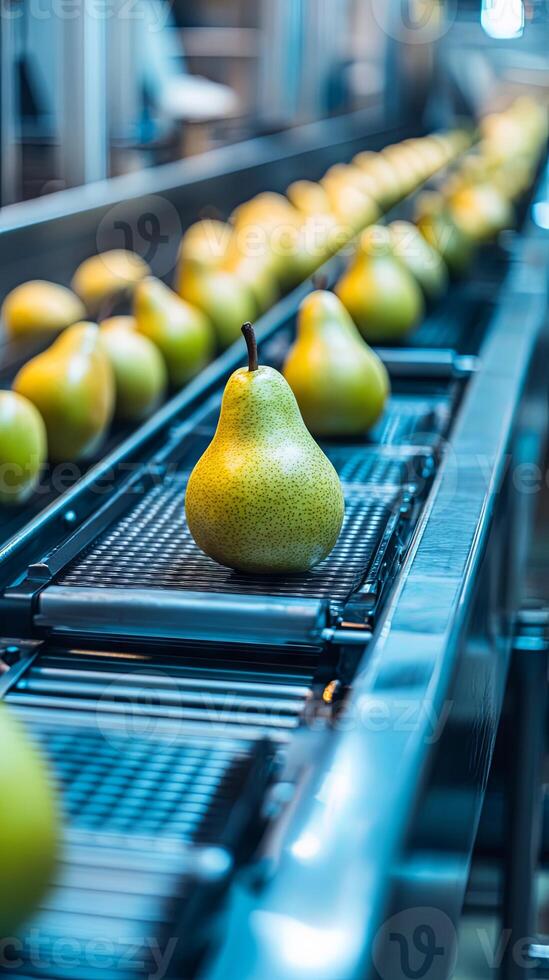 Fresh Pears on Automated Conveyor Belt in a Modern Food Processing Plant photo